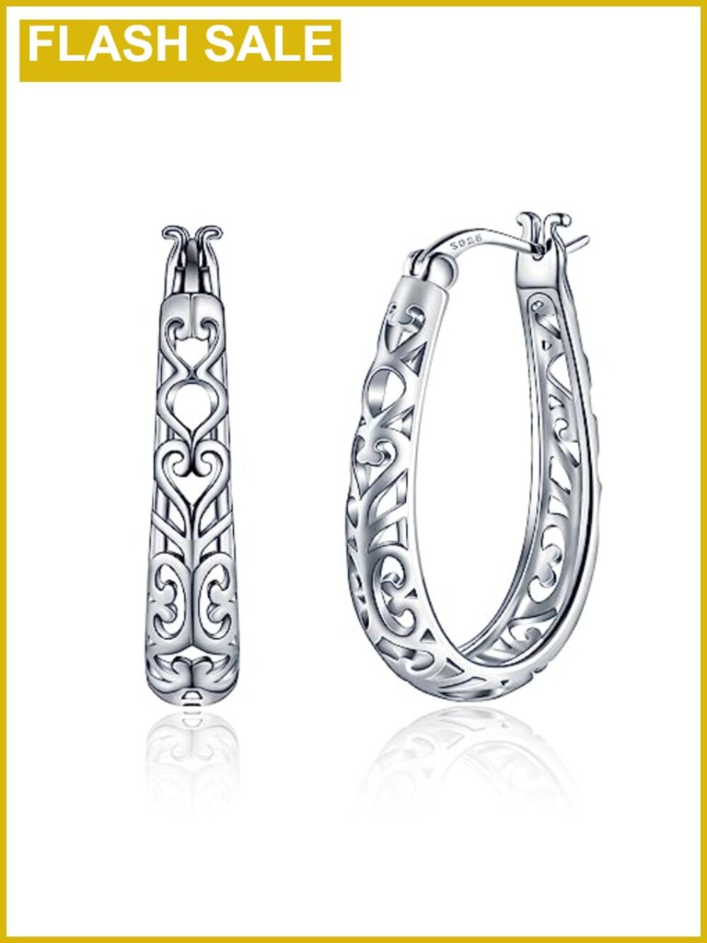 925 Sterling Silver Filigree Oval Hoop Earrings Lightweight Hypoallergenic